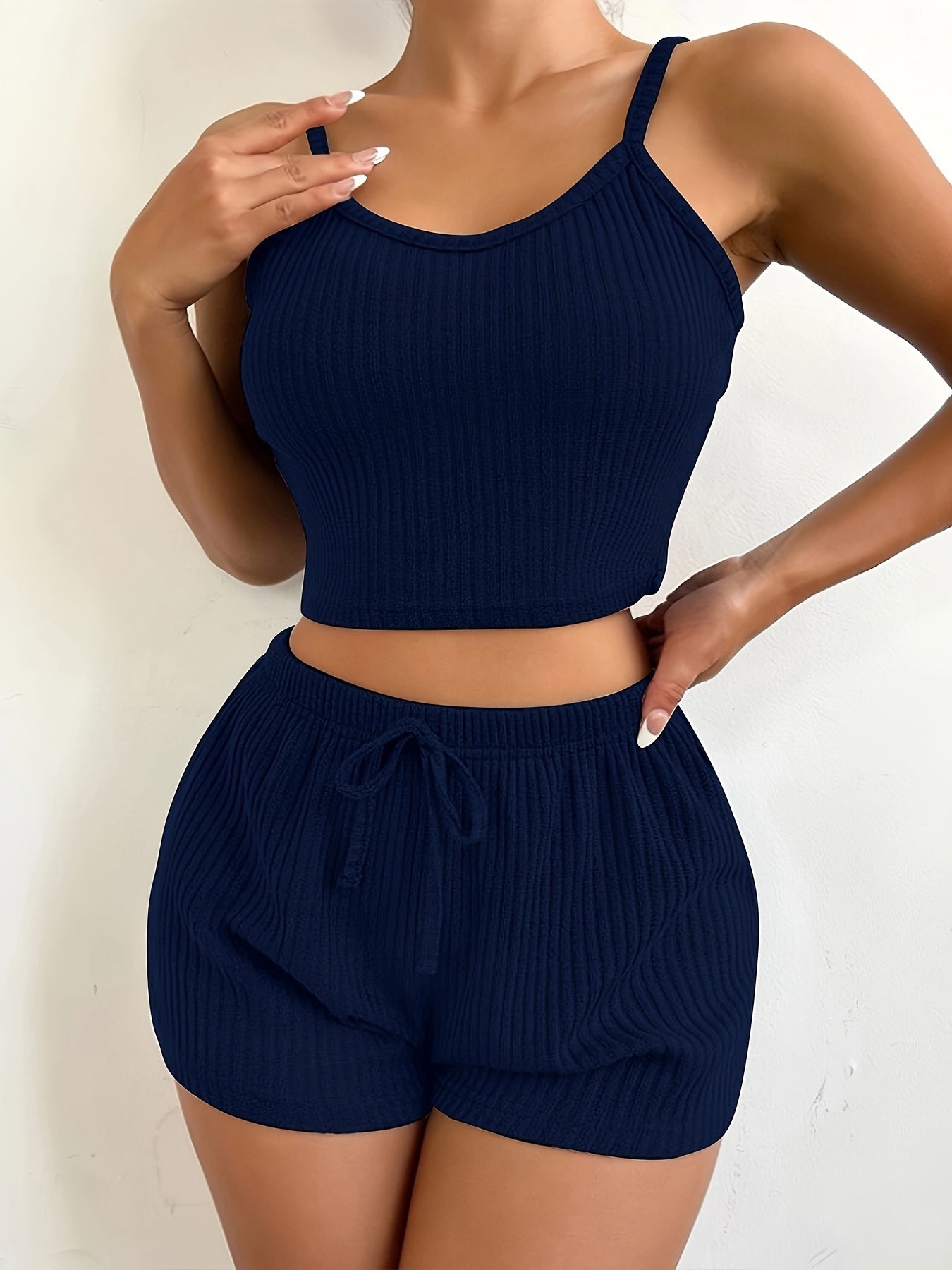 Solid Ribbed Slim Fit Lounge Set, Casual Round Neck Crop Cami Top & Drawstring Shorts, Women's Loungewear